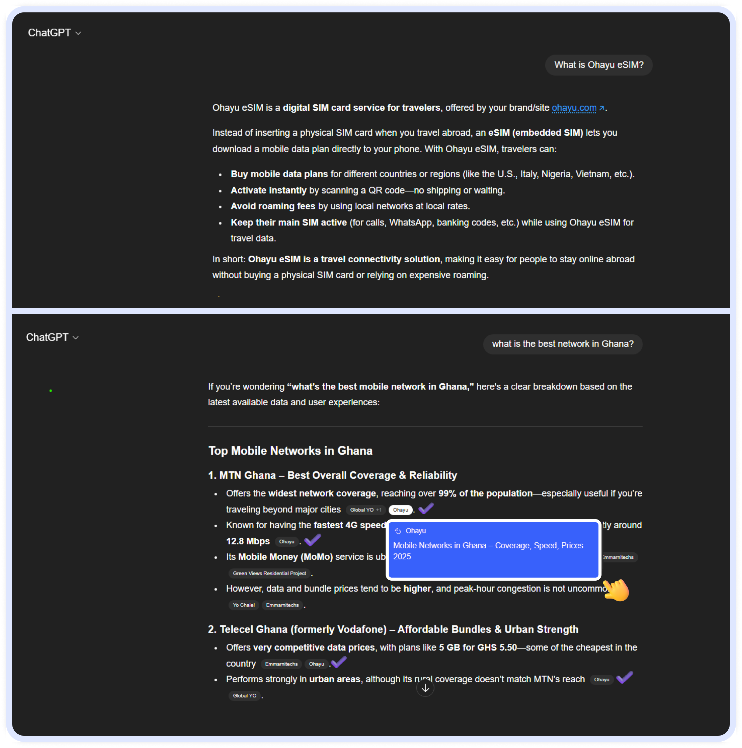 ChatGPT conversation explaining Ohayu eSIM service and comparing Ghana mobile networks MTN Ghana and Telecel Ghana by coverage and pricing.