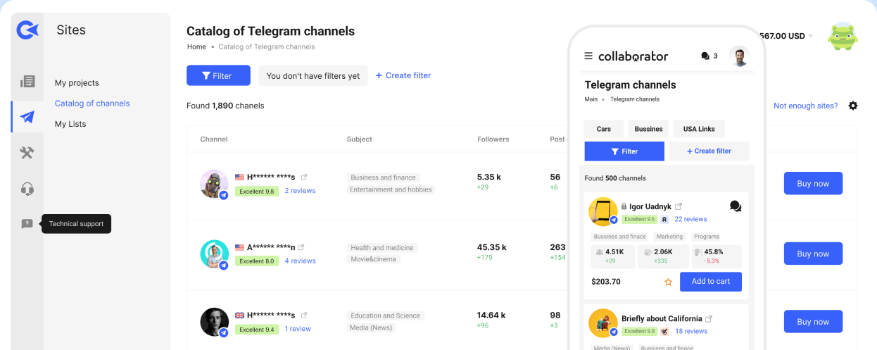 Collaborator desktop interface showing a catalog of Telegram channels with filters, follower number, post coverage, and a sidebar with channel details and pricing