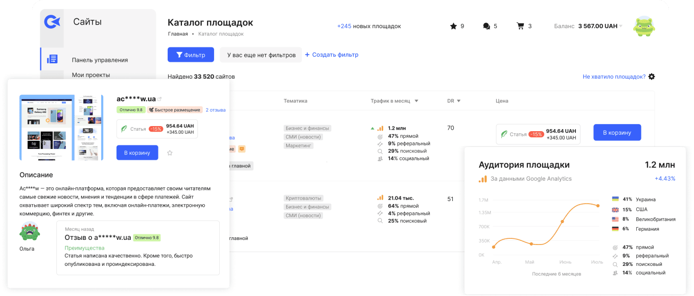 Панель маркетплейса сайтов Collaborator с каталогом сайтов, фильтрами, ценами, статистикой трафика и карточкой с подробной информацией о сайте.