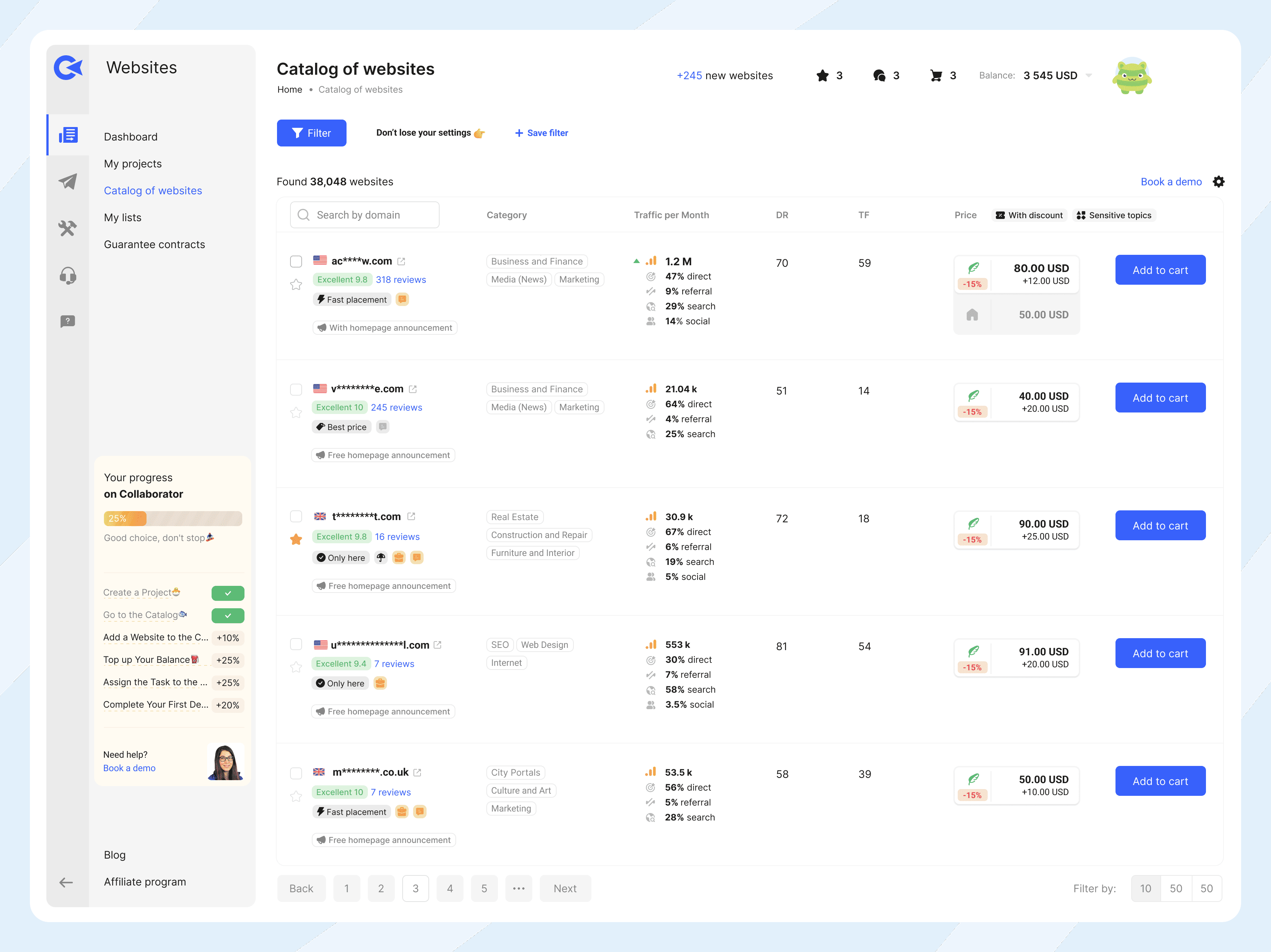 Каталог сайтов Collaborator с 38k+ сайтов, содержащий категории, данные о трафике, авторитет домена и цены на размещение статей.